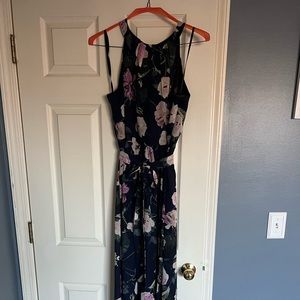 Navy floral high-neck sleeveless dress